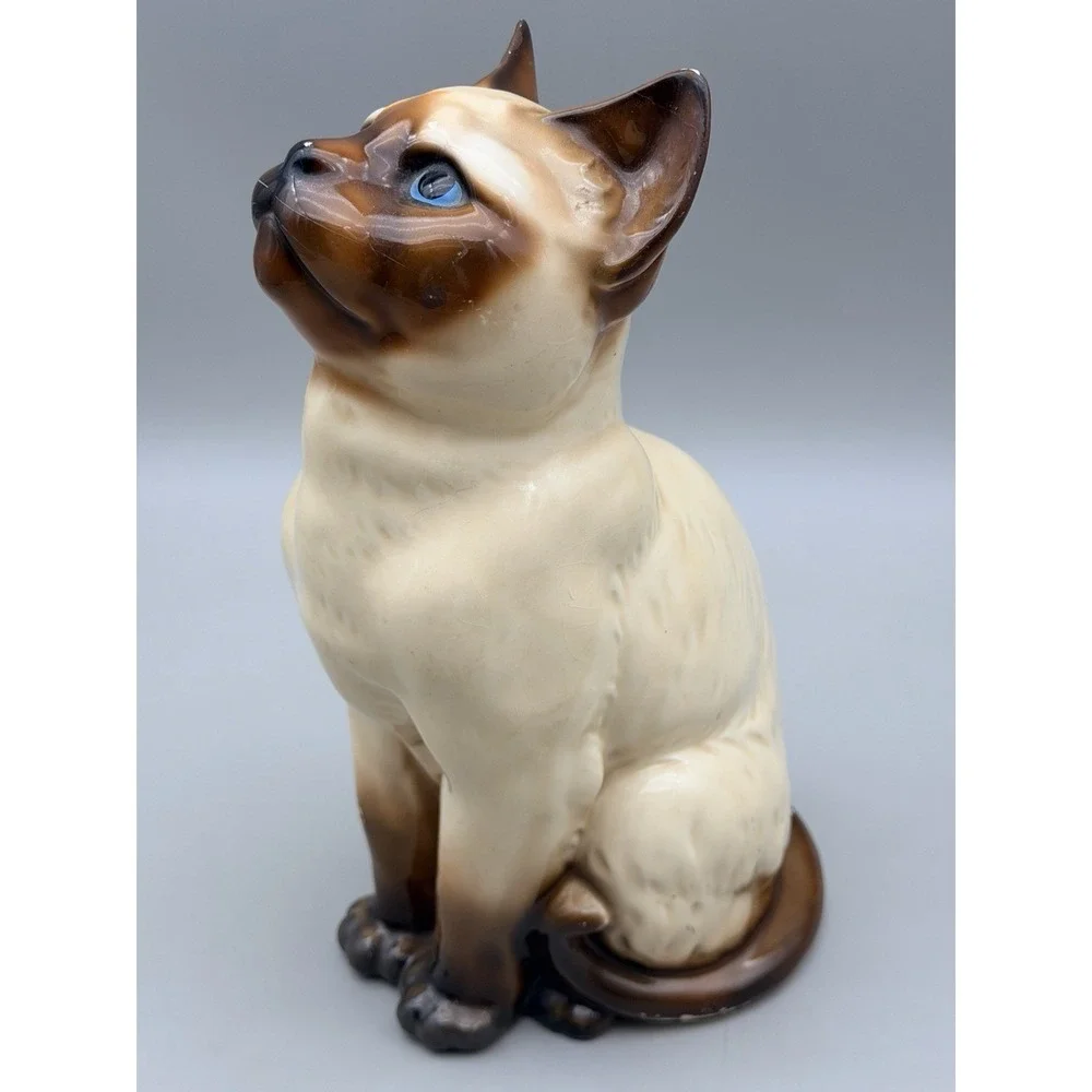 Vintage Siamese Cat Figurine Japan Blue Eyes Ceramic Mid Century 10